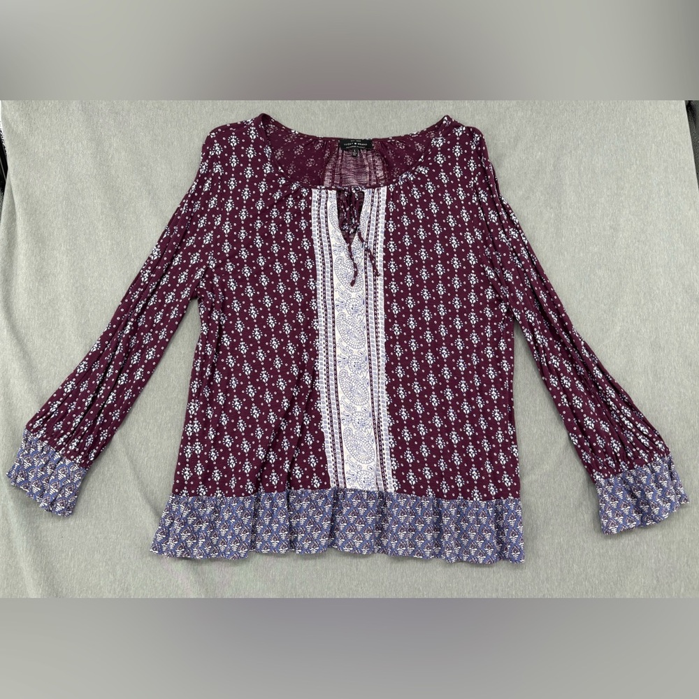 Lucky Brand Women’s L Boho Peasant Top Burgundy Long Sleeve Tie Neck Ruffle Hem